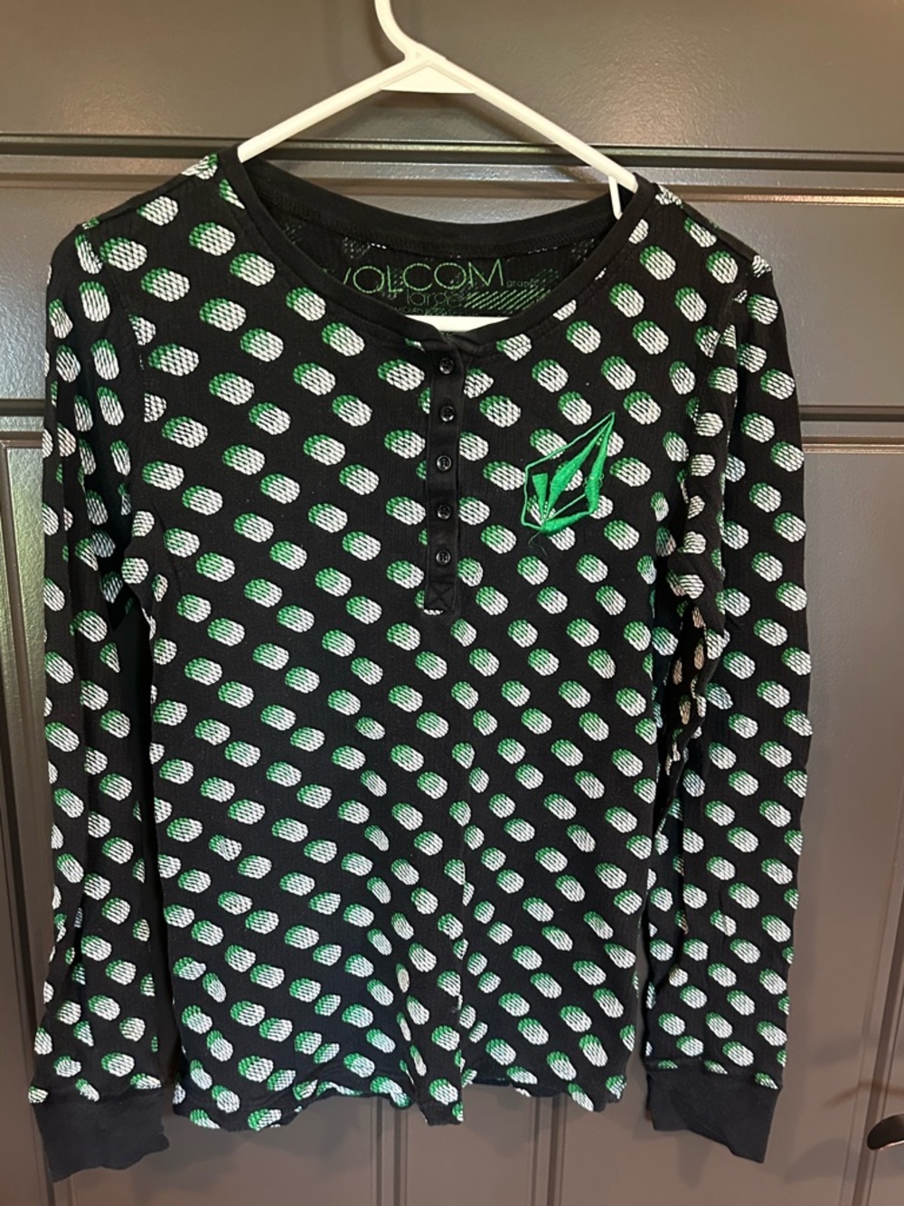 Volcom Black Long Sleeve Henley Tee with White and Green Dot Pattern